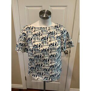 Tory Burch Blue & White Geometric Print Boxy Short Sleeve Top, Size 4